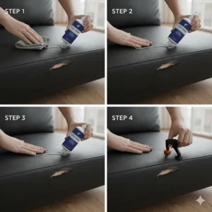 Step-by-step image of using glue to fix vinyl tears on furniture.