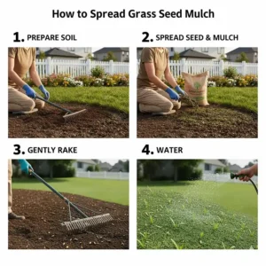 Step-by-step guide on how to spread grass seed mulch evenly across a prepared soil bed.