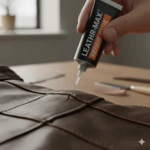 Close-up of a hand applying leather repair glue to a small cut on a dark leather jacket, demonstrating the application process.