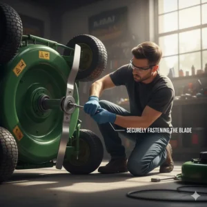 Mechanic securing new lawn mower blades onto the deck spindle using a wrench and safety gloves.