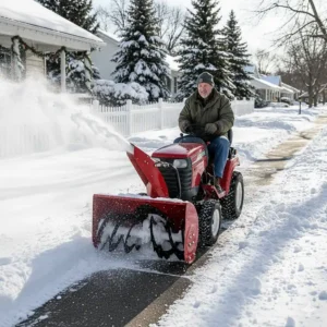 A homeowner operating a small tractor equipped with a snow blower attachment on a suburban sidewalk, showing the lawn mower snow blower in action on a snowy day.