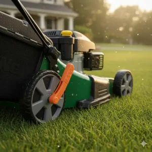 The single-point lever used to adjust the cutting deck height on a quality electric start push mower.