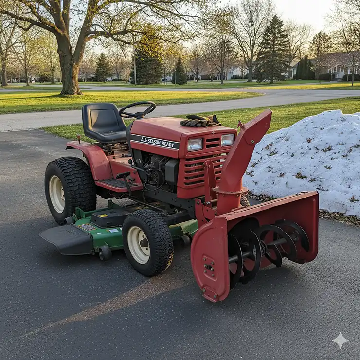 A hybrid machine ready for year-round use, showcasing its lawn mower deck and snow blower attachment; the ultimate lawn mower snow blower combination for property maintenance.