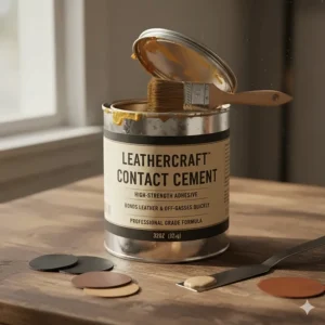 A can of high-strength leather contact cement, often cited as the best glue for leather edge work.