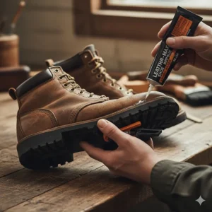A pair of leather boots with the sole being reattached using a specialized leather repair glue for footwear.