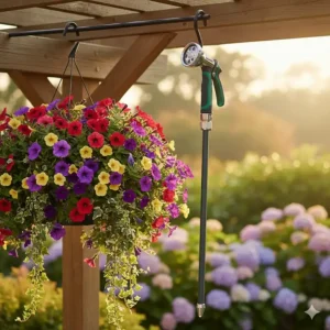 A long-reach watering wand for hanging baskets and hard-to-reach plants.
