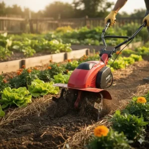 A small, maneuverable mini tiller or cultivator, perfect for weeding and aerating soil in raised garden beds or tight rows.