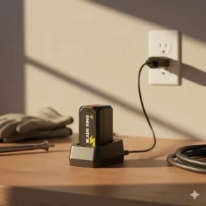 Detachable battery and charger for the electric start push lawn mower being plugged into a wall outlet.