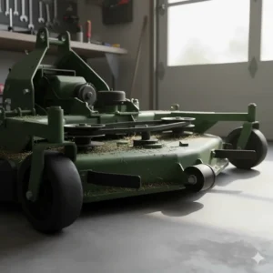 Detailed view of a heavy-duty lawn mower cutting deck, which is removed when converting the tractor for snow blowing tasks.