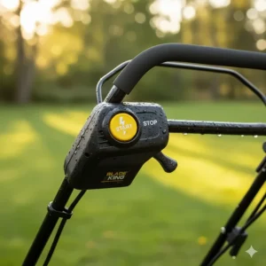 Close-up of the electric start button on a push lawn mower for easy, effortless starting.