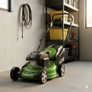 Electric start push lawn mower with the handle folded down for compact, space-saving storage in a garage.