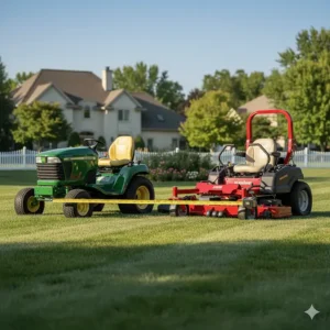 Image showing the difference in cutting deck size, useful when comparing a riding mower vs zero turn for efficiency.