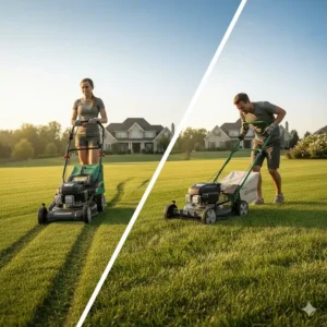 Split image comparing the ease of a self-propelled lawn mower on a hill versus the struggle with a push mower.