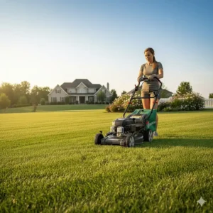 A wide shot of a large residential lawn being easily mowed with a self-propelled lawn mower.