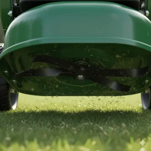 Diagram or photo illustrating the specialized mulching blade design and deck shape for superior grass circulation.