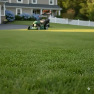 Healthy, green lawn fertilized by the finely chopped clippings from a high-quality mulching lawn mower.