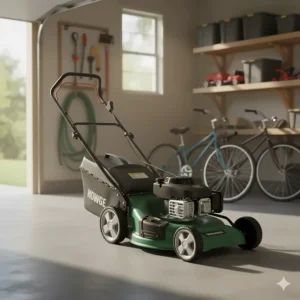 A compact mulching lawn mower with a foldable handle stored neatly in a garage, emphasizing ease of storage.