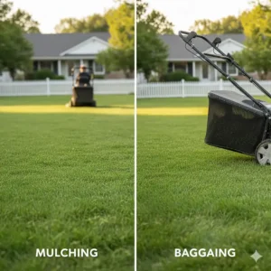 Split image comparing the look of grass after mulching (clippings dispersed) versus bagging (clean cut).