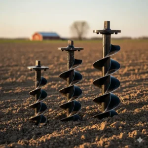 A collection of various sized auger bits (6-inch, 9-inch, 12-inch) compatible with a 3 point post hole digger.