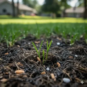 Image of tiny, new grass sprouts emerging through the protective layer of mulch.