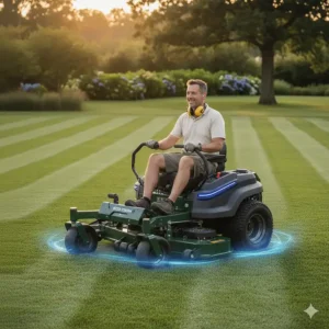 An operator comfortably riding an electric zero turn mower while cutting a large area of grass, showcasing the zero-turn radius in action.