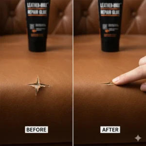 An image comparing a small, unglued tear with a neatly mended section using leather repair glue, showing a permanent fix.