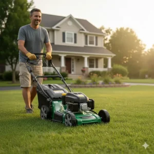 Person easily pushing and operating their electric start push lawn mower across a neatly trimmed green lawn.