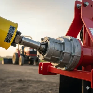 Close-up of the 3 point post hole digger's PTO drive shaft connecting to the rugged gearbox.
