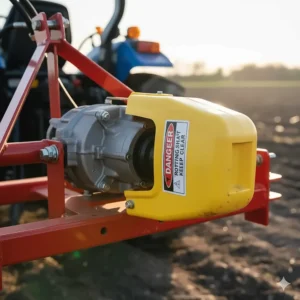 Safety features on the 3 point post hole digger, including the protective PTO shaft shield.