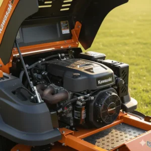 An open engine compartment showing a powerful commercial-grade engine (e.g., Kawasaki or Kohler) in a durable zero turn mower.