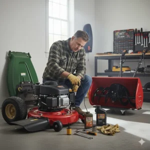 A person performing maintenance on a riding lawn mower before installing the snow blower to ensure the engine is ready for winter use.