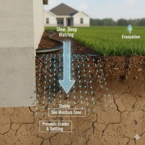 Graphic explaining the importance of slow, deep watering provided by a soaker hose to maintain stable soil moisture near the foundation.