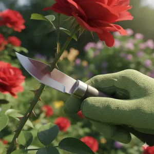A gloved hand expertly prunes a rose bush stem with a sharp gardening knife, showcasing precise cutting for plant health.