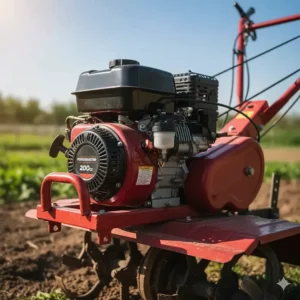 Close-up of the robust rear-tine rototiller engine and durable steel chassis design.