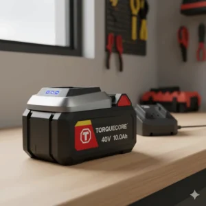 A bright shot of the high-capacity rechargeable lithium-ion battery that powers the electric lawn mower snow blower.