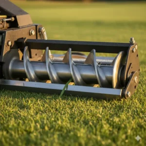 Close-up view of the helical blades and bed knife on a riding reel mower, showing the precision cutting mechanism.