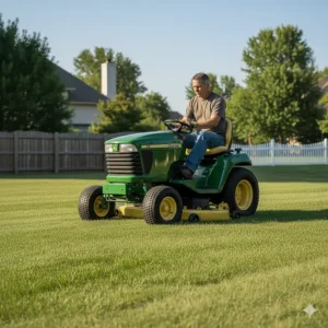 A riding lawn mower operating on a gently sloping or uneven lawn, showcasing stability.