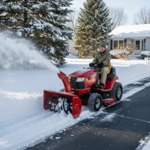 A powerful two-stage snow blower attachment connected to the front of a riding lawn mower, efficiently clearing a snow-covered driveway.