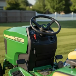 Detail shot of a riding mower's familiar steering wheel and pedal controls.