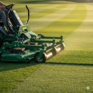 The clean, scissor-like action of a riding reel mower as it cuts the grass on a golf course-quality lawn.