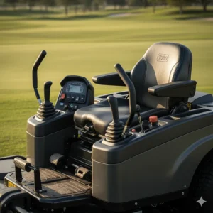 Ergonomic seat and user-friendly controls on the latest model of a riding reel mower, designed for long operation.