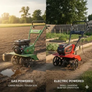 Close-up of counter-rotating tines (CRT) on a rear-tine rototiller, showing the aggressive action needed for sod-busting and tough clay soil.