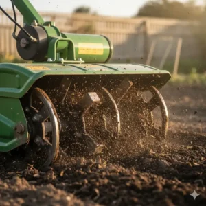 Illustration of a rototiller depth stake and adjustment lever, showing how to control tilling depth for different tasks from deep breaking to light cultivation.
