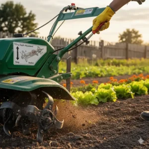 Comparison chart illustrating the different rototiller tine designs, including standard bolo, chisel, and slasher tines for various soil conditions.