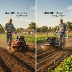 Comparison image showing the difference between a rear-tine rototiller and a less powerful front-tine model.