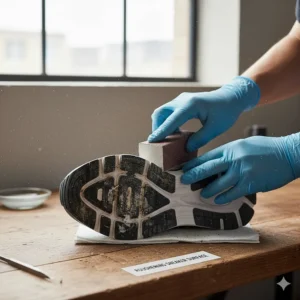 Image of a user lightly sanding or roughening the rubber sole and shoe upper for maximum adhesion of the best glue for sneakers.
