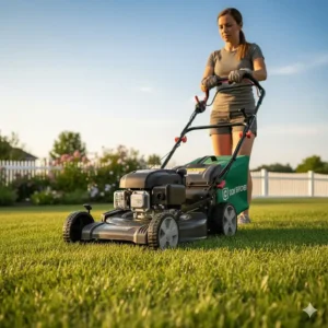 Close-up of a person using a self-propelled lawn mower, highlighting the drive control levers.