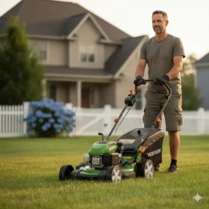 A user operating a self-propelled mulching lawn mower with comfortable handles and an adjustable cutting height.