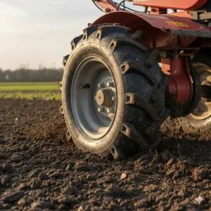 Large, pneumatic, self-propelled wheels providing excellent traction for the best rear-tine rototiller in muddy conditions.
