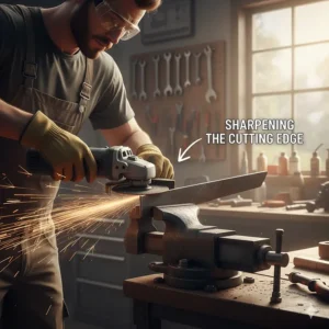 An individual using an angle grinder to carefully sharpen the edge of a dull lawn mower blade.